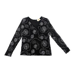 90s Vintage Artsy Long Sleeve Shirt Flowers V-Neck Shear Sleeves Women's Medium